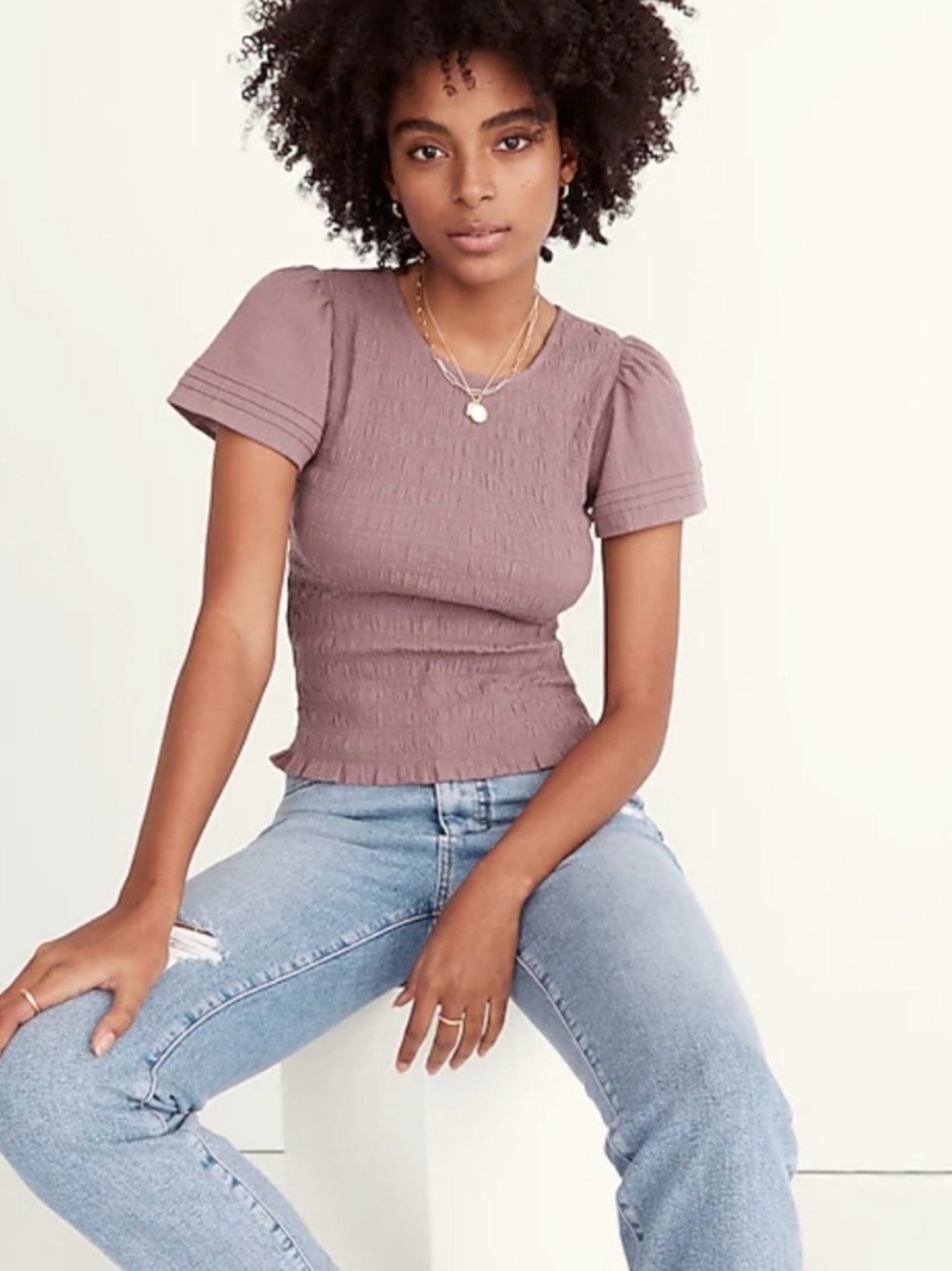 Madewell Fig Purple 100% Cotton Lucie Smocked Top in XL
